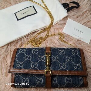 GUCCI JACKIE 1961 GG Denim Leather Chain Wallet